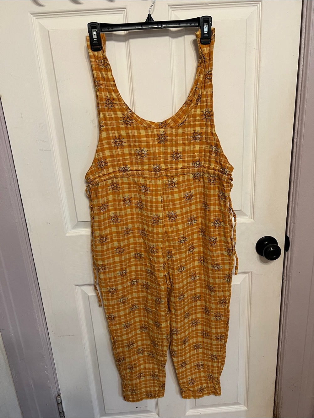 Urban Outfitters Mustard Plaid Sleeveless Jumpsuit with Subtle Floral